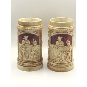 Vintage Maruhon Ware Ceramic Beer Steins Set of 2 Relief Tavern Scene Japan 5.5"